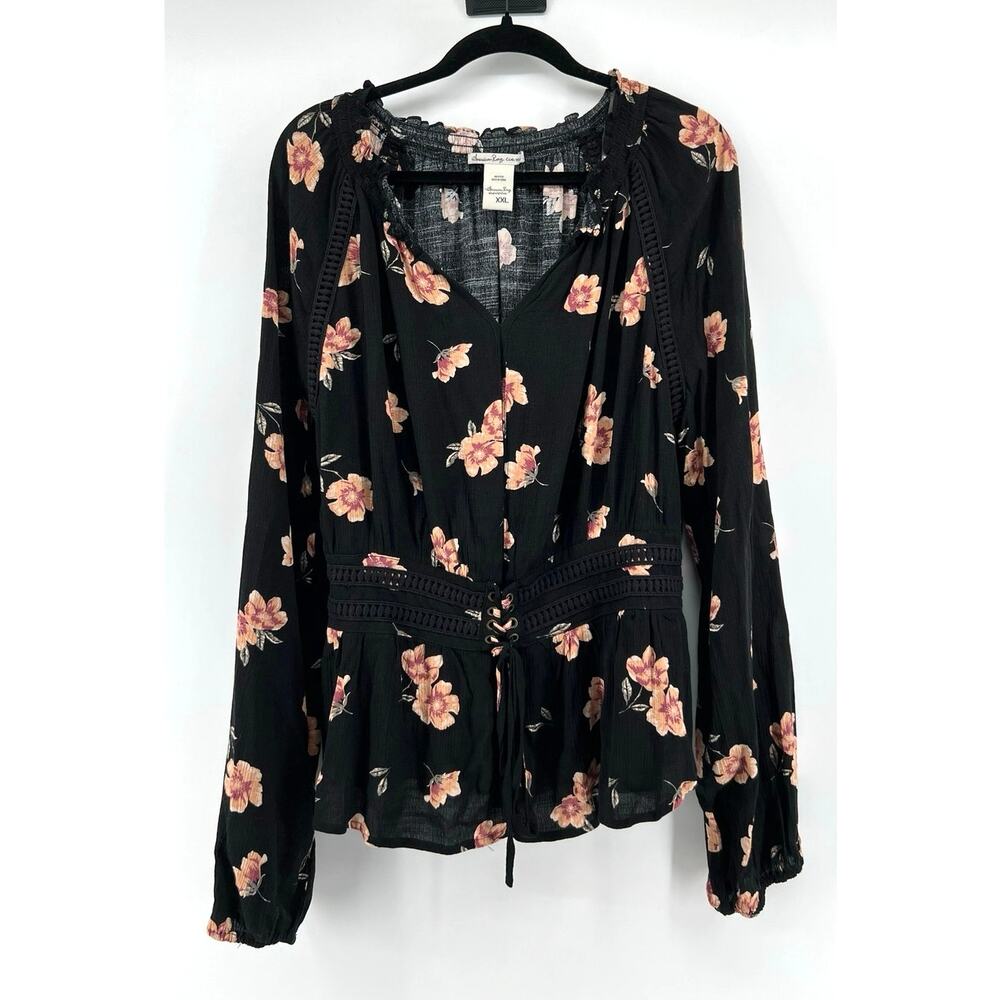 American Rag Cie Women's Floral Boho Blouse Size XXL Black Coreset Whimsgoth